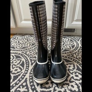 SOREL WOMENS BLACK TWEED HOUNDSTOOTH RAIN BOOTS 10